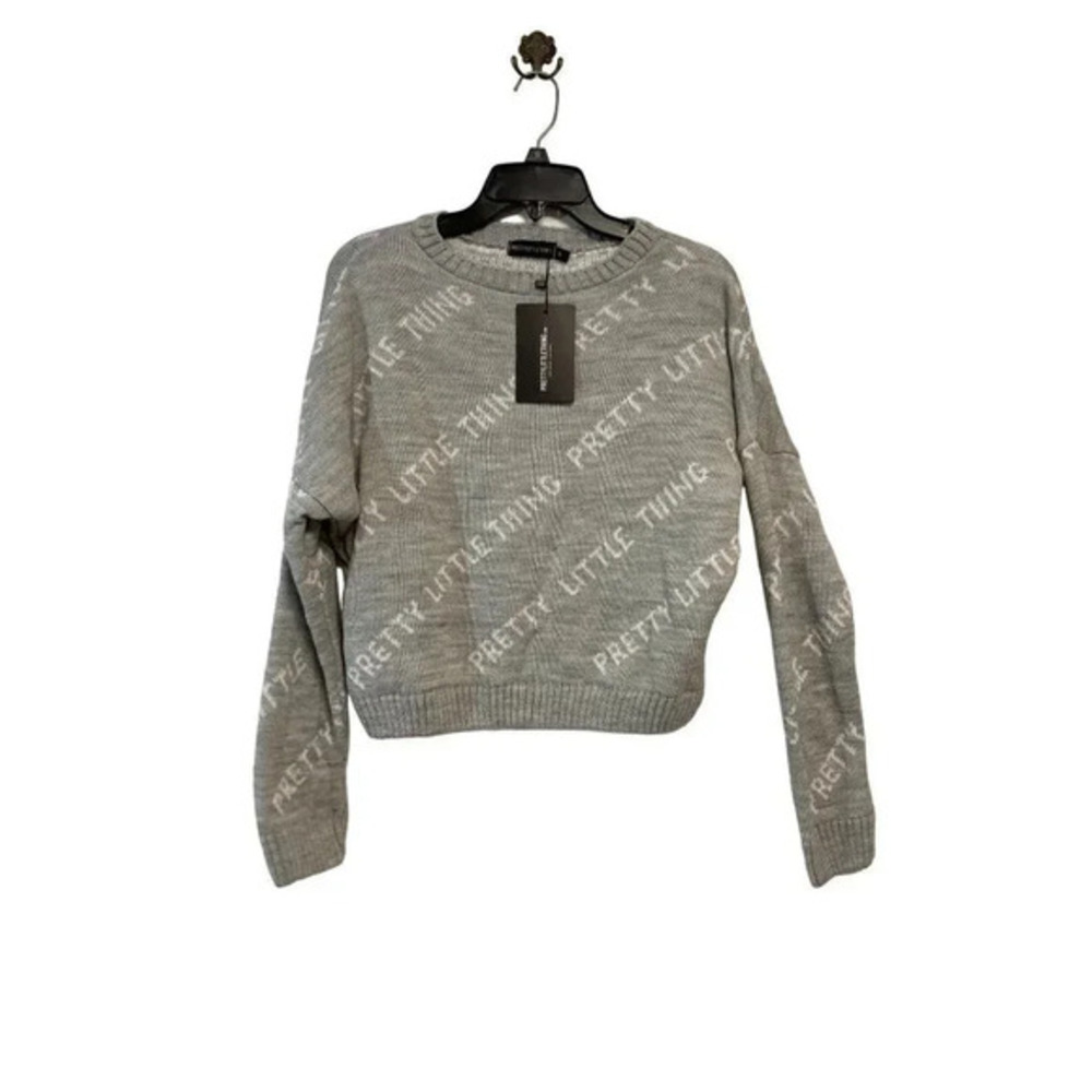 NEW PrettyLittleThing Women Small Knit Sweater Gray with Logo
